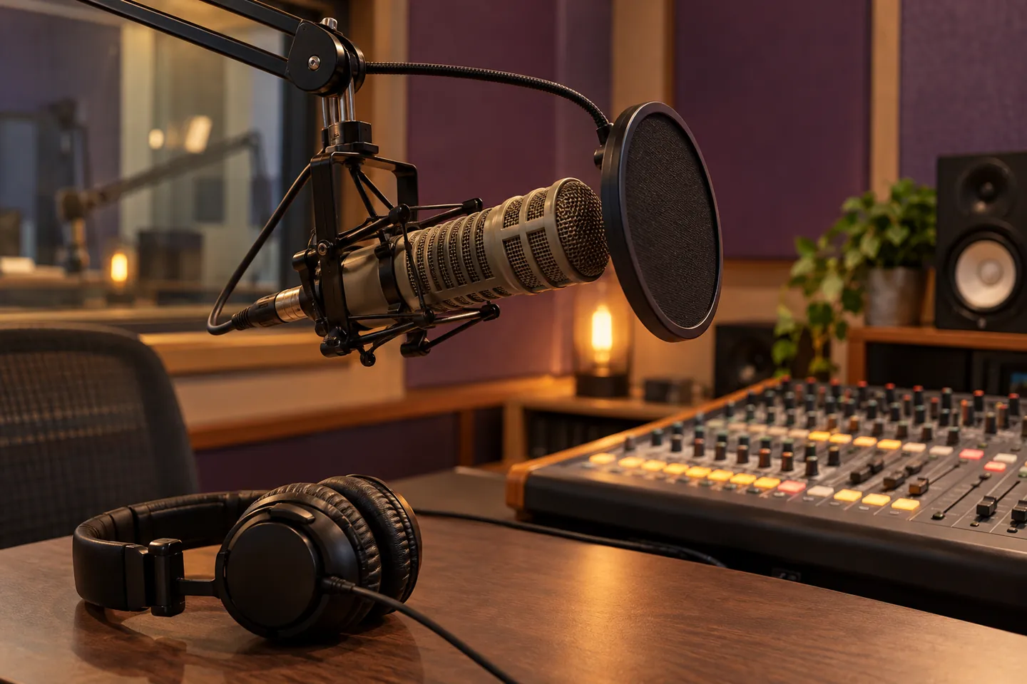 A microphone, headphones and mixing desk in a radio studio.